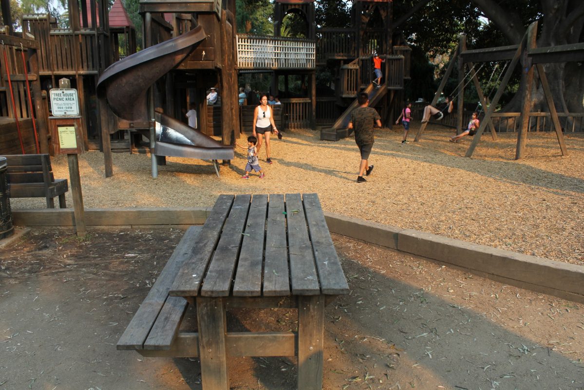 Kids' World Playground in Alameda Park, Santa Barbara - expansive wooden play structures and family fun area