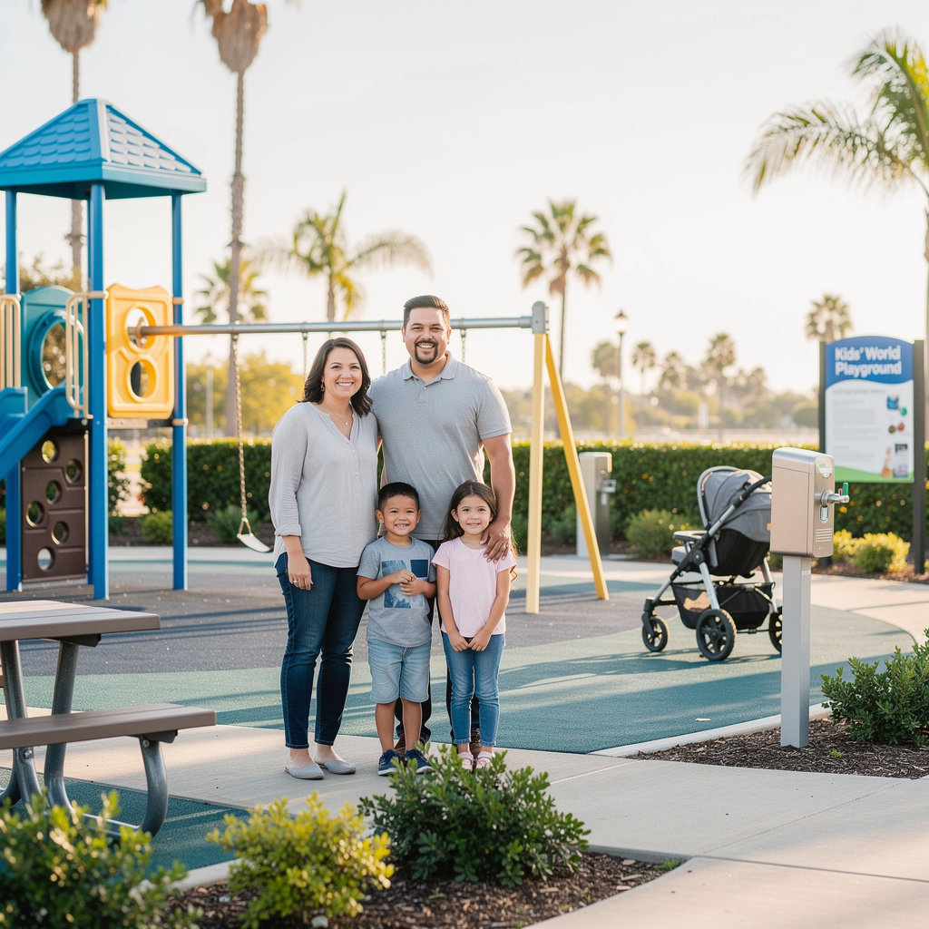 Kids' World Playground in Alameda Park, Santa Barbara - detailed view of wooden climbing structures and slides
